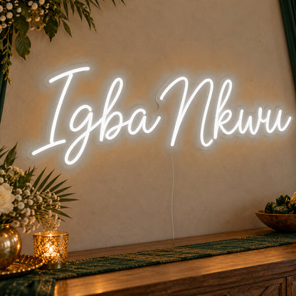 Igba Nkwu Neon Sign in white LED neon on clear acrylic, angled view
