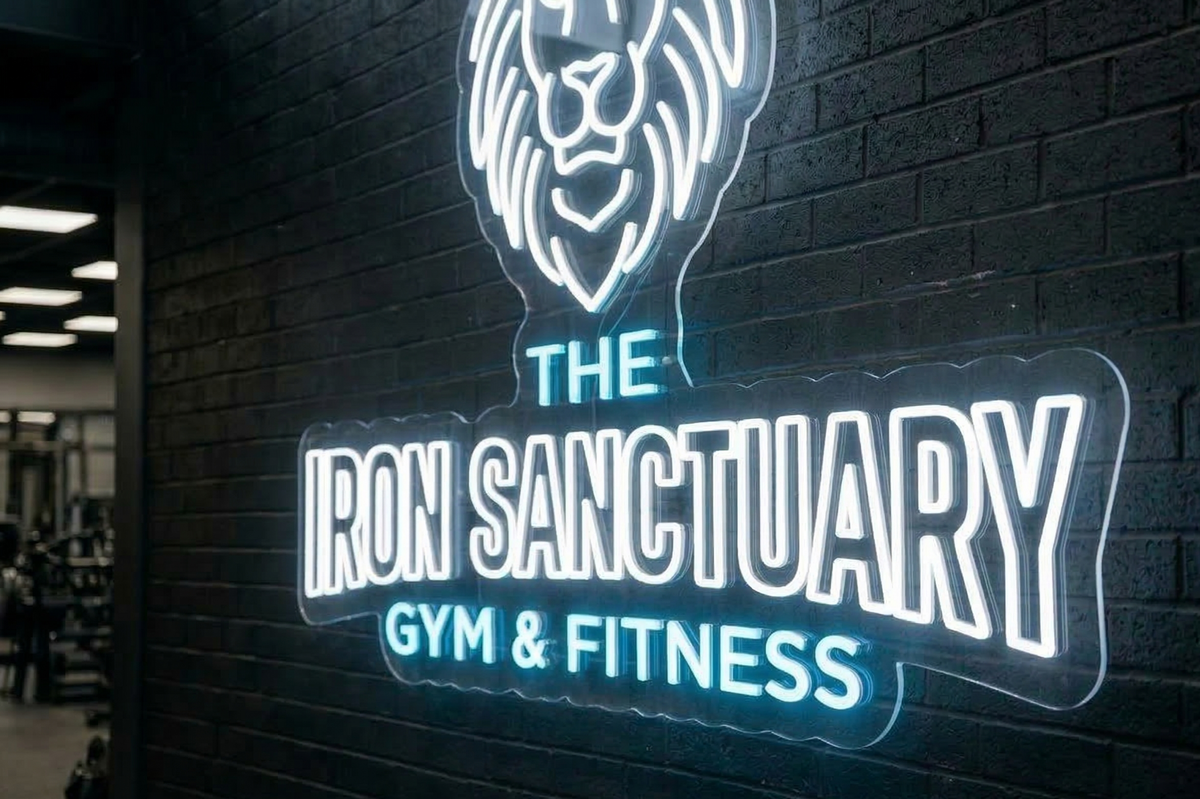 iron sanctuary custom business logo sign made by neon lanes - blue and white