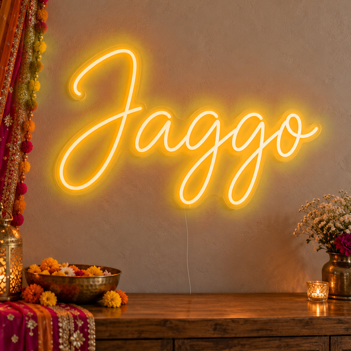 Jaggo Neon Sign in gold LED neon on clear acrylic, angled view