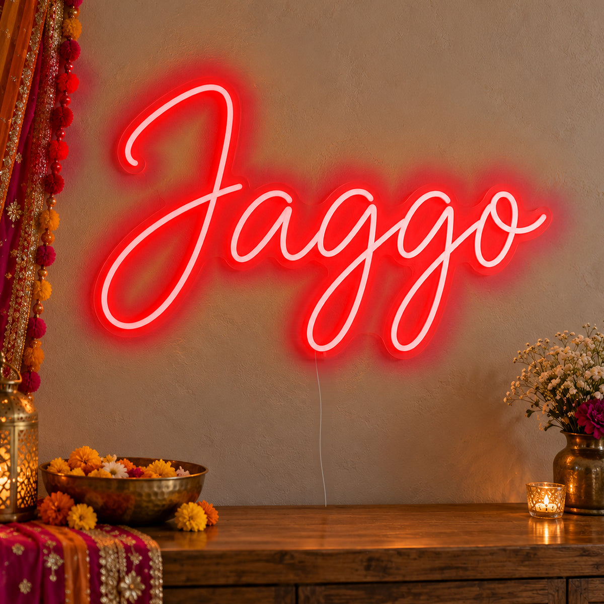 Jaggo Neon Sign in red LED neon on clear acrylic, angled view