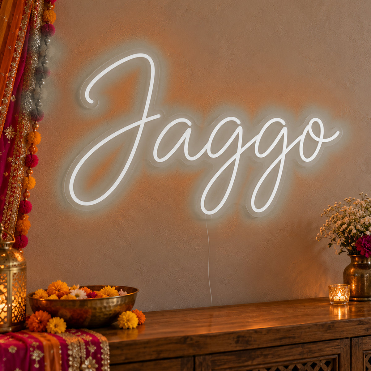 Jaggo Neon Sign in white LED neon on clear acrylic, angled view
