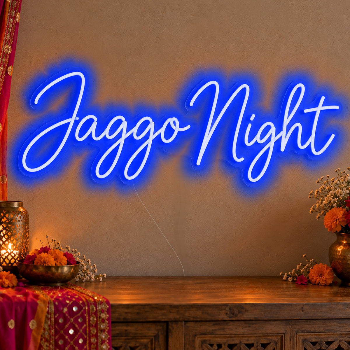 Jaggo Night Neon Sign in blue LED neon on clear acrylic, angled view