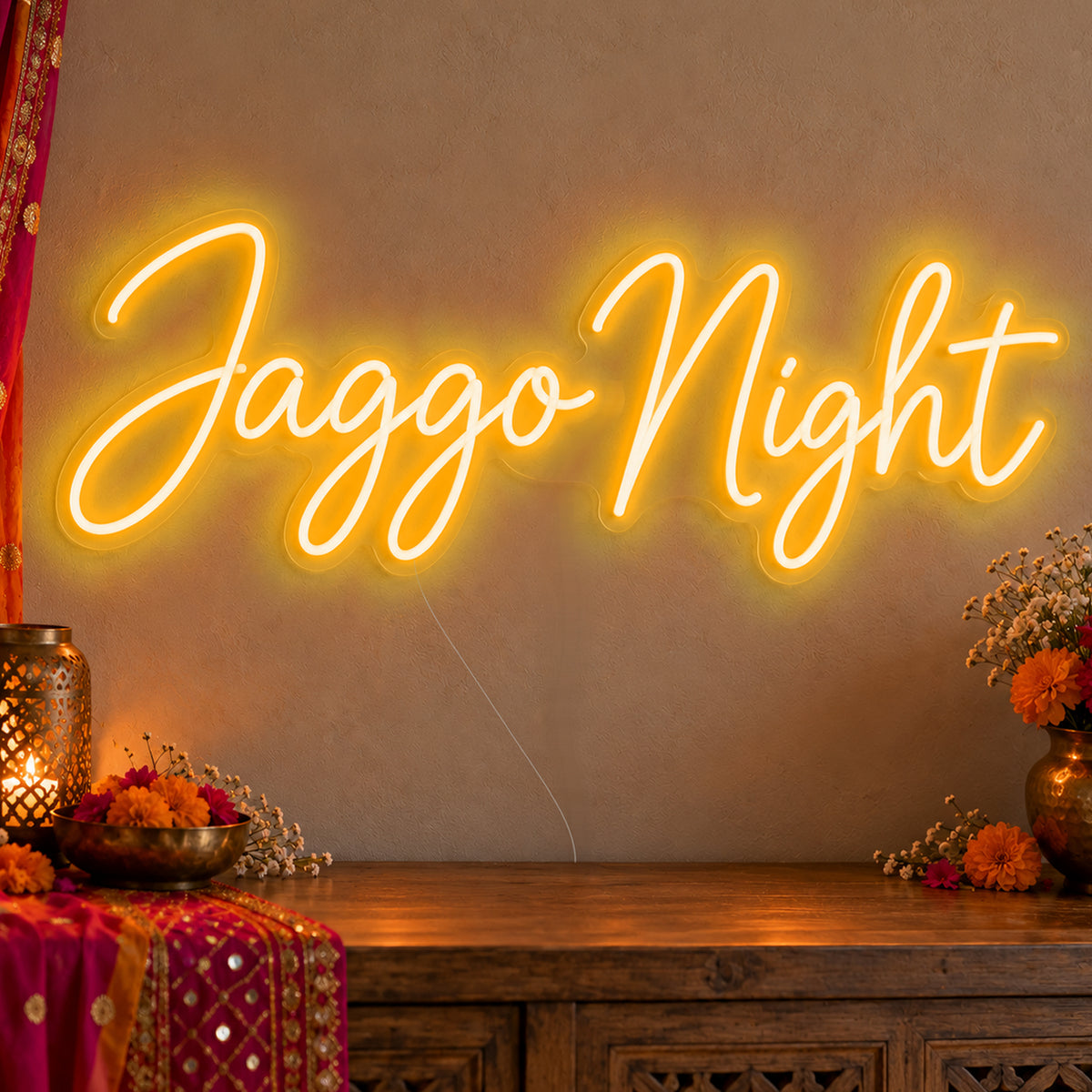 Jaggo Night Neon Sign in gold LED neon on clear acrylic, angled view