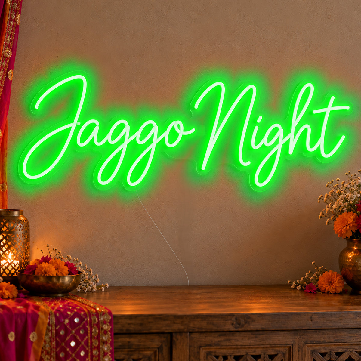 Jaggo Night Neon Sign in green LED neon on clear acrylic, angled view