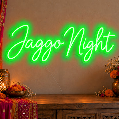 Jaggo Night Neon Sign in green LED neon on clear acrylic, angled view