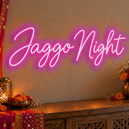 Jaggo Night Neon Sign in pink LED neon on clear acrylic, angled view