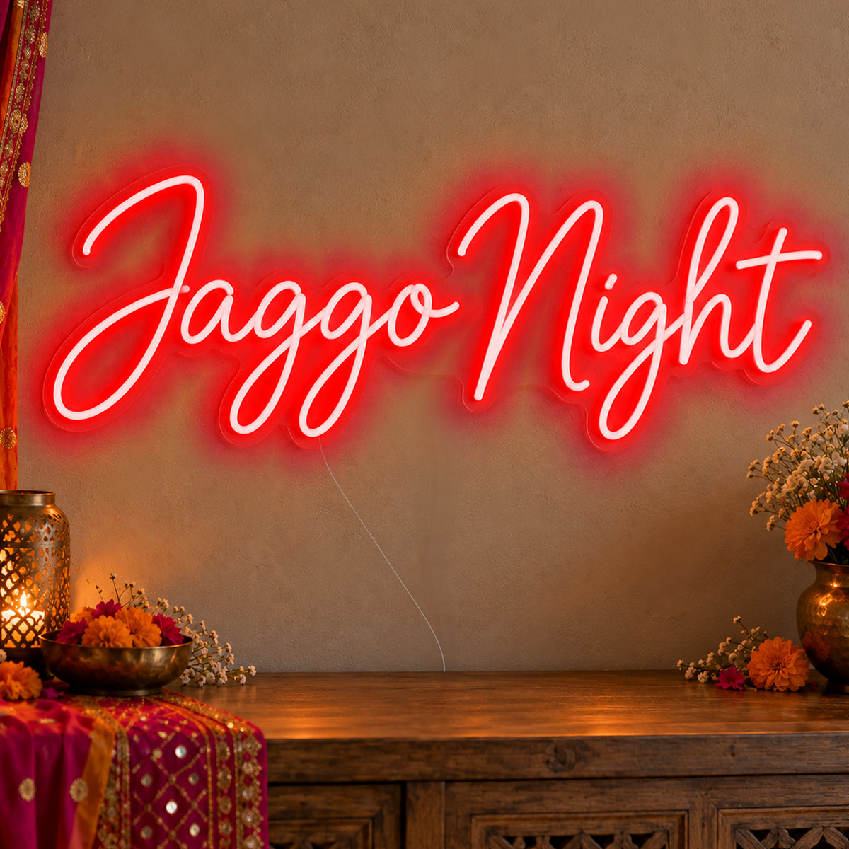 Jaggo Night Neon Sign in red LED neon on clear acrylic, angled view