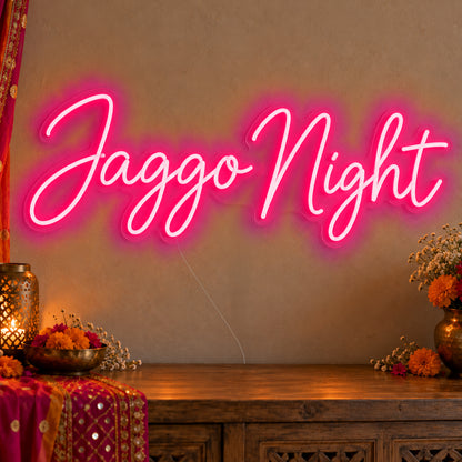 Jaggo Night Neon Sign in rose red LED neon on clear acrylic, angled view