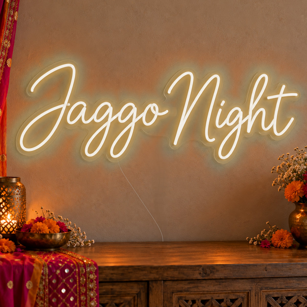 Jaggo Night Neon Sign in warm white LED neon on clear acrylic, angled view