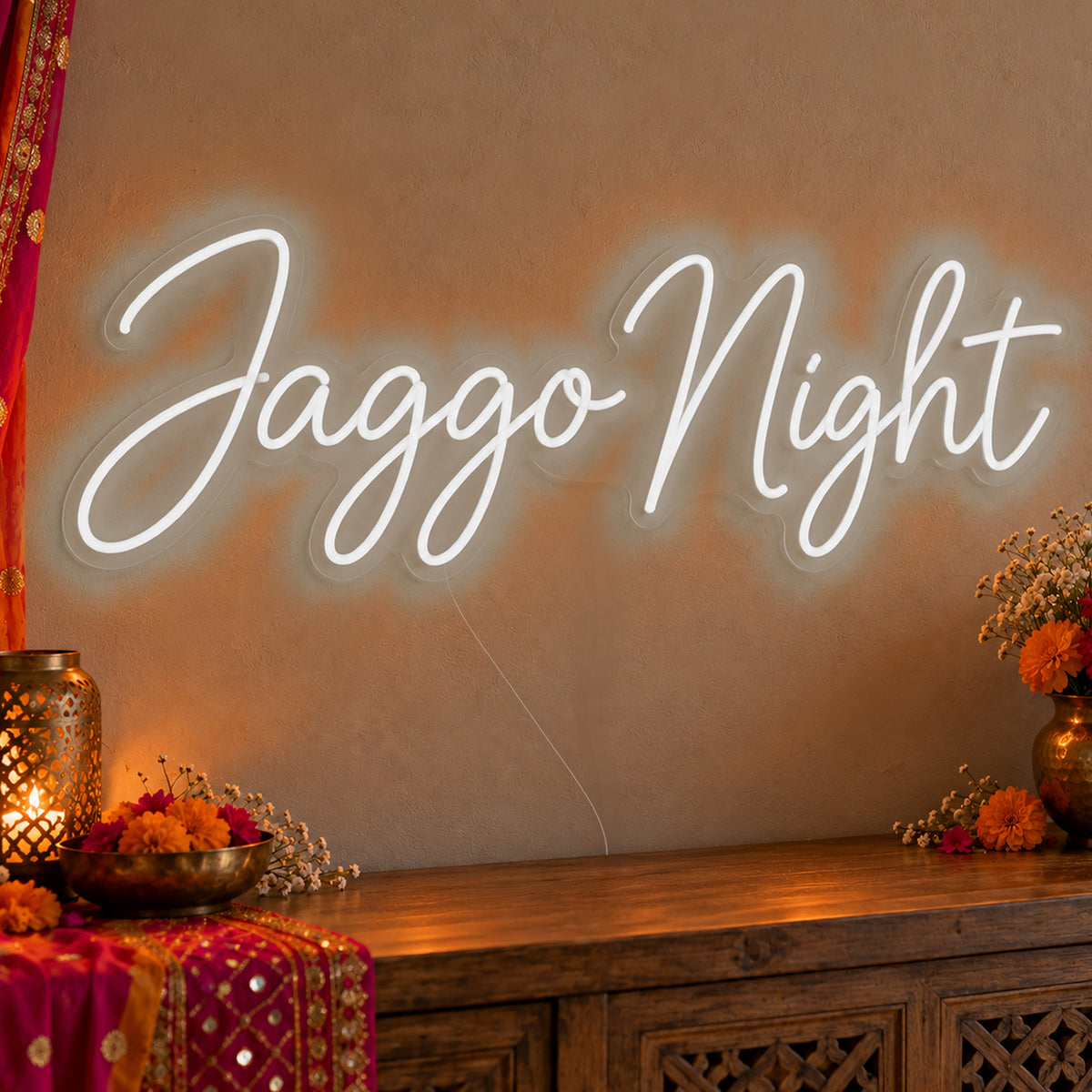 Jaggo Night Neon Sign in white LED neon on clear acrylic, angled view