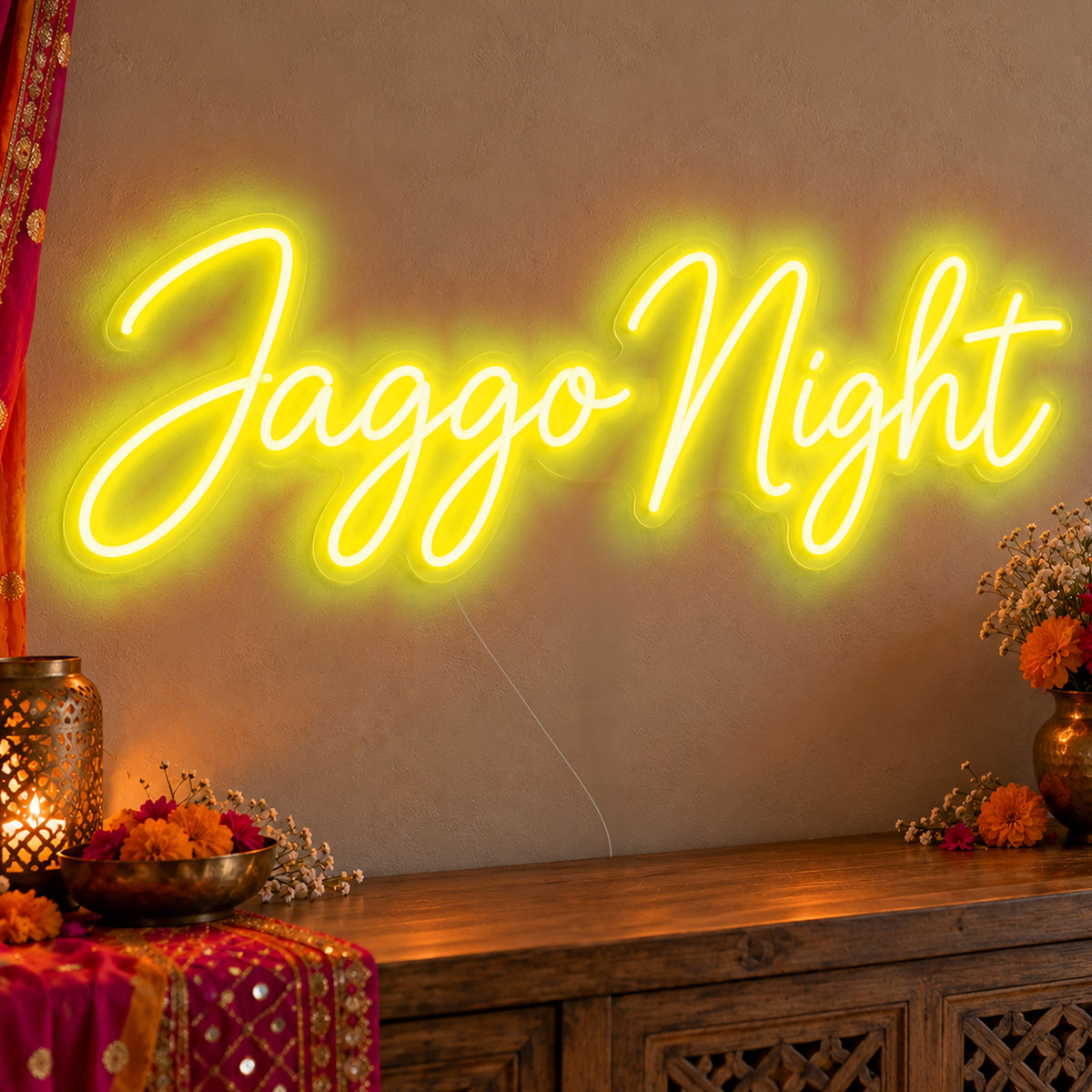 Jaggo Night Neon Sign in yellow LED neon on clear acrylic, angled view