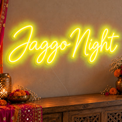 Jaggo Night Neon Sign in yellow LED neon on clear acrylic, angled view