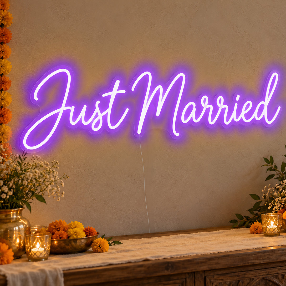 Just Married Neon Sign in purple LED neon on clear acrylic, angled view