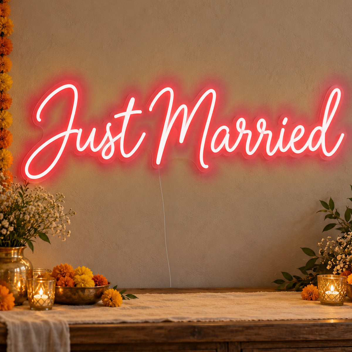 Just Married Neon Sign in red LED neon on clear acrylic, angled view