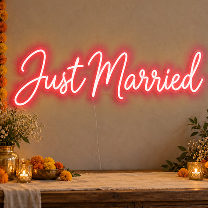 Just Married Neon Sign in red LED neon on clear acrylic, angled view