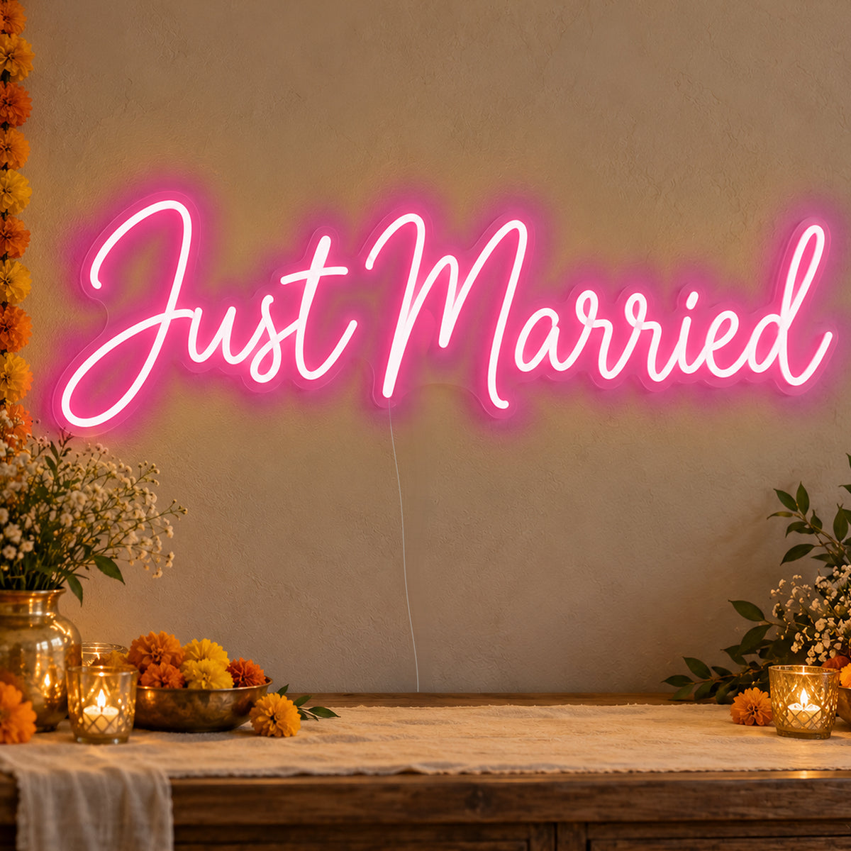 Just Married Neon Sign in rose red LED neon on clear acrylic, angled view