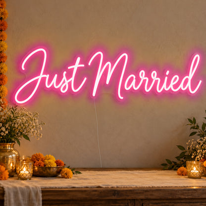 Just Married Neon Sign in rose red LED neon on clear acrylic, angled view