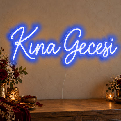 Kına Gecesi Neon Sign in blue LED neon on clear acrylic, angled view