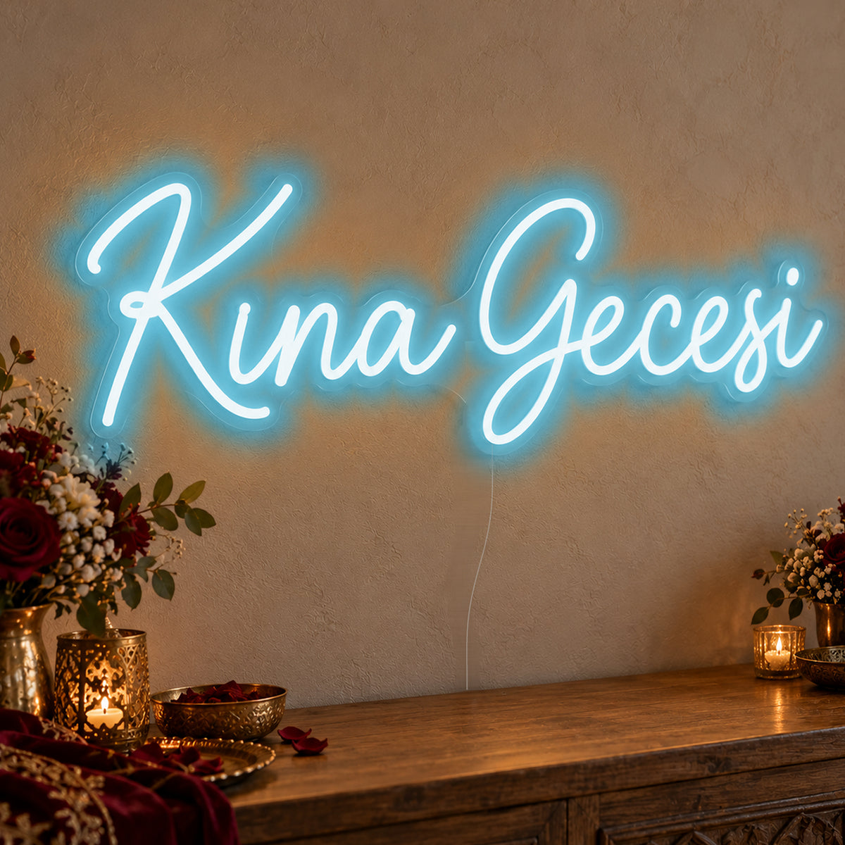 Kına Gecesi Neon Sign in ice blue LED neon on clear acrylic, angled view