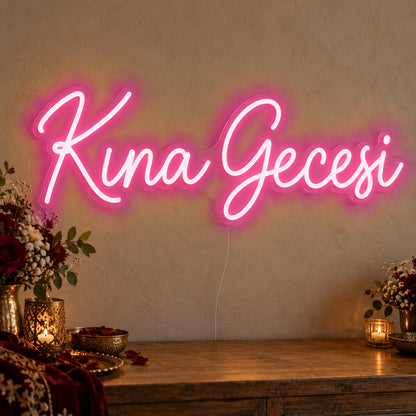 Kına Gecesi Neon Sign in rose red LED neon on clear acrylic, angled view