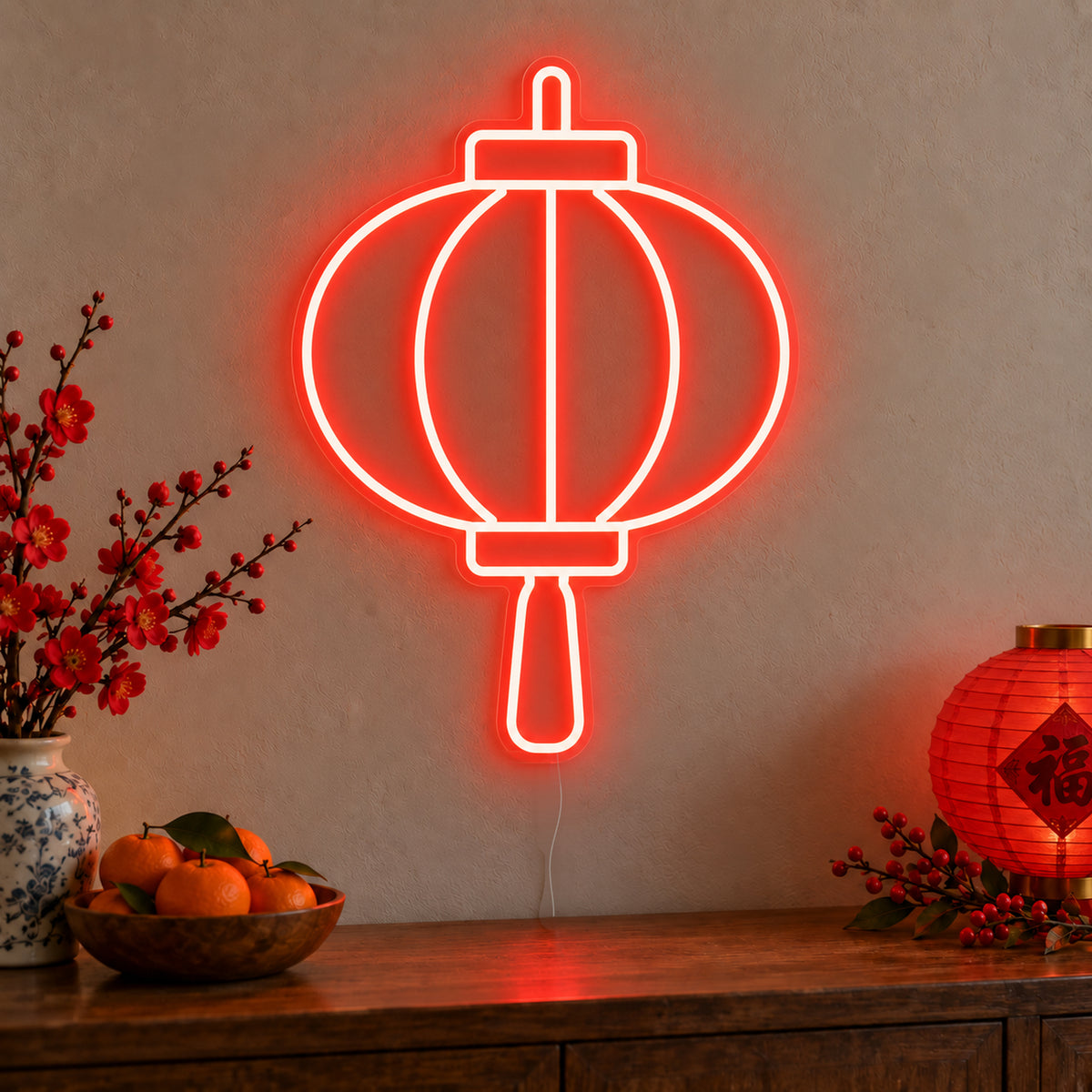 Lantern Neon Sign on clear cut-to-shape acrylic, illuminated on a wall in a styled celebration setting
