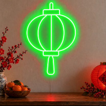 Lantern Neon Sign in green LED neon on clear acrylic, angled view