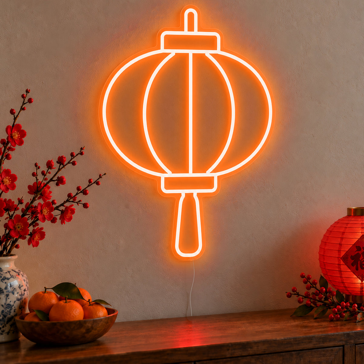 Lantern Neon Sign in orange LED neon on clear acrylic, angled view