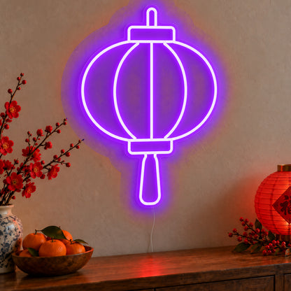 Lantern Neon Sign in purple LED neon on clear acrylic, angled view