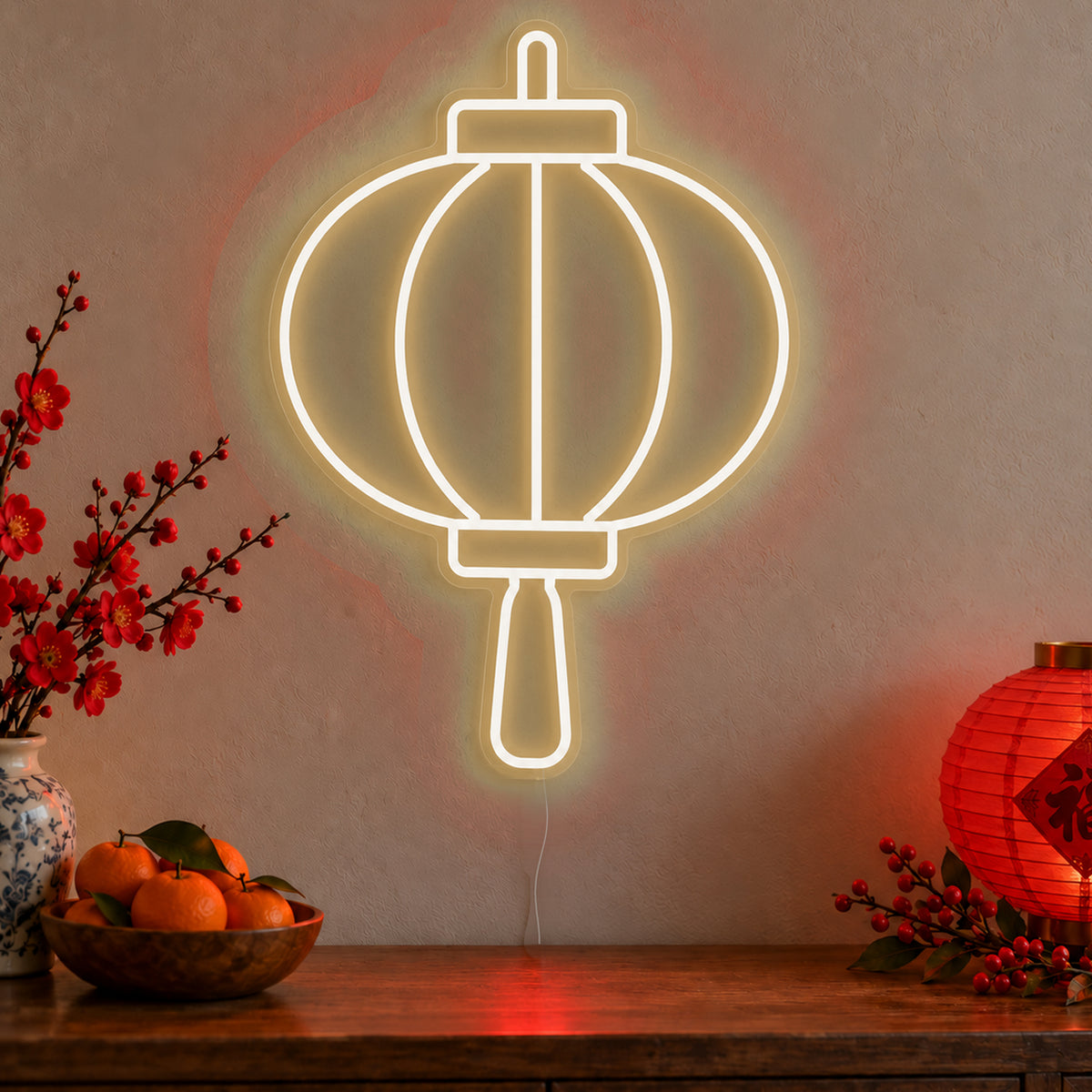 Lantern Neon Sign in warm white LED neon on clear acrylic, angled view