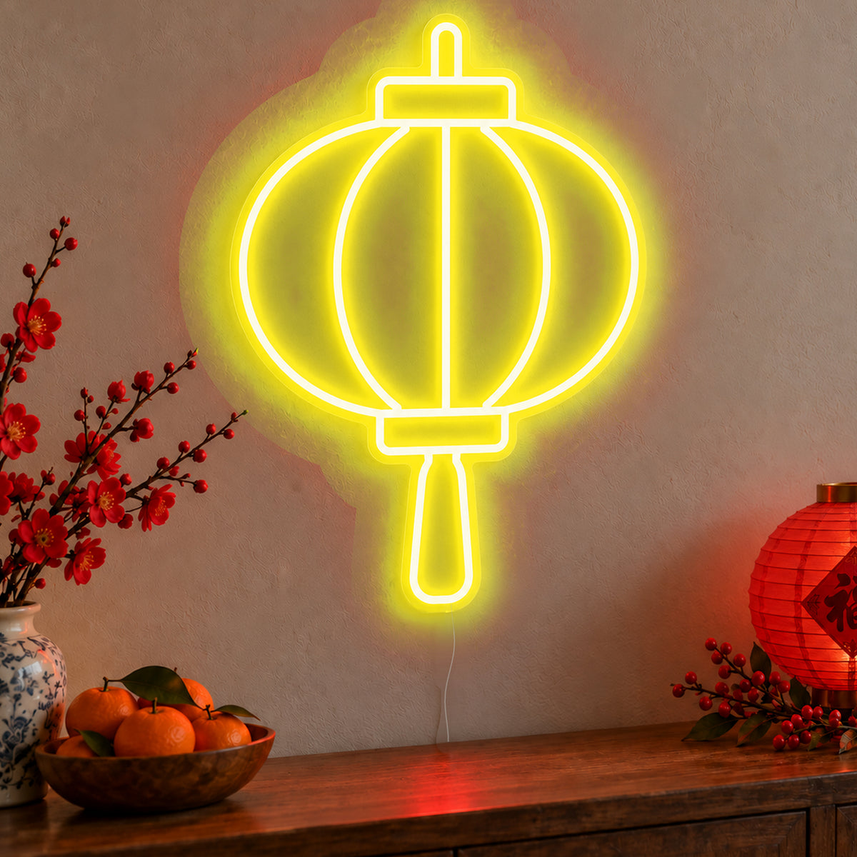 Lantern Neon Sign in yellow LED neon on clear acrylic, angled view