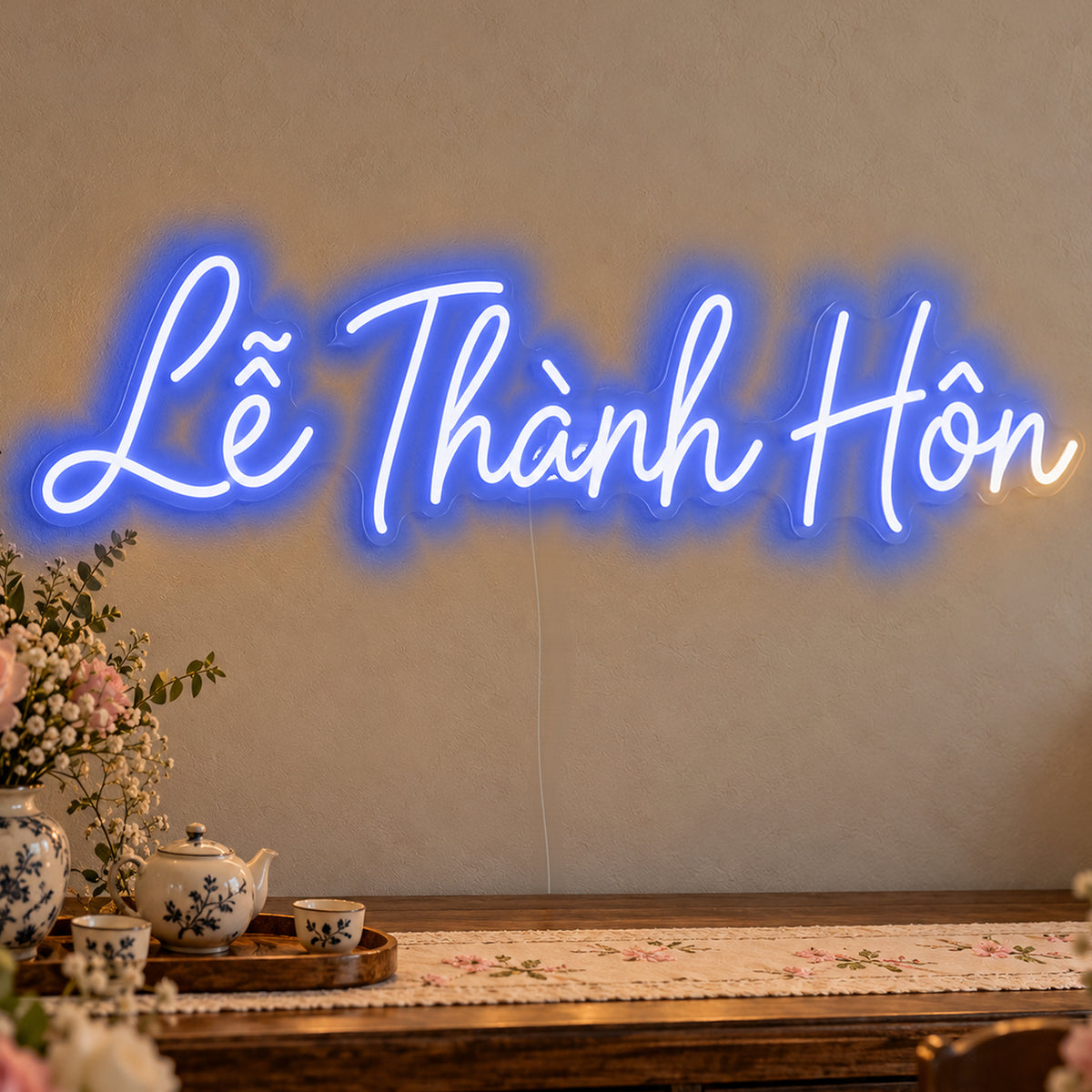 Lễ Thành Hôn Neon Sign in blue LED neon on clear acrylic, angled view
