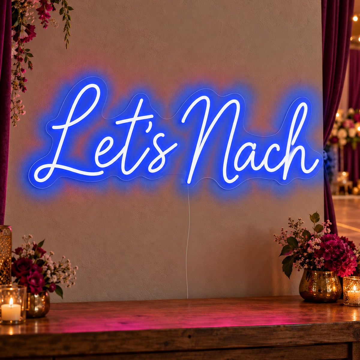 Let’s Nach Neon Sign in blue LED neon on clear acrylic, angled view