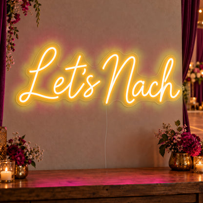 Let’s Nach Neon Sign in gold LED neon on clear acrylic, angled view