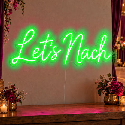 Let’s Nach Neon Sign in green LED neon on clear acrylic, angled view