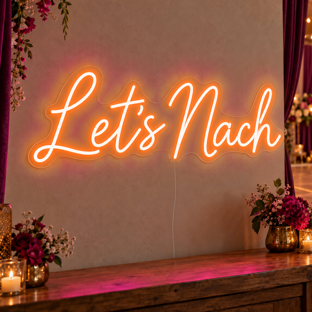 Let’s Nach Neon Sign in orange LED neon on clear acrylic, angled view