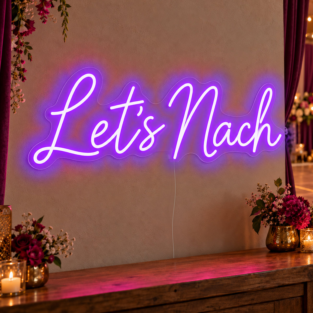 Let’s Nach Neon Sign in purple LED neon on clear acrylic, angled view