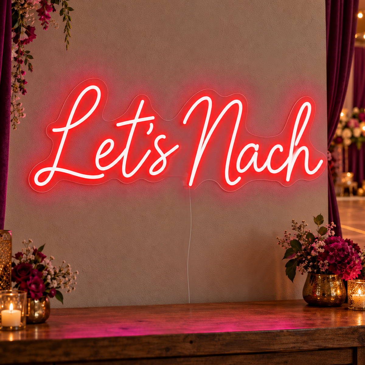 Let’s Nach Neon Sign in red LED neon on clear acrylic, angled view