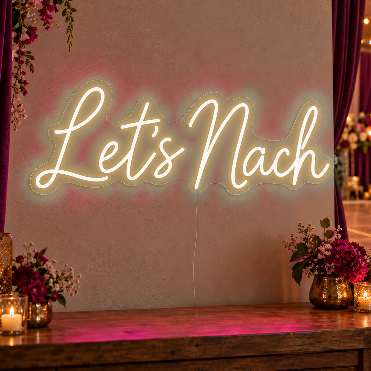 Let’s Nach Neon Sign in warm white LED neon on clear acrylic, angled view