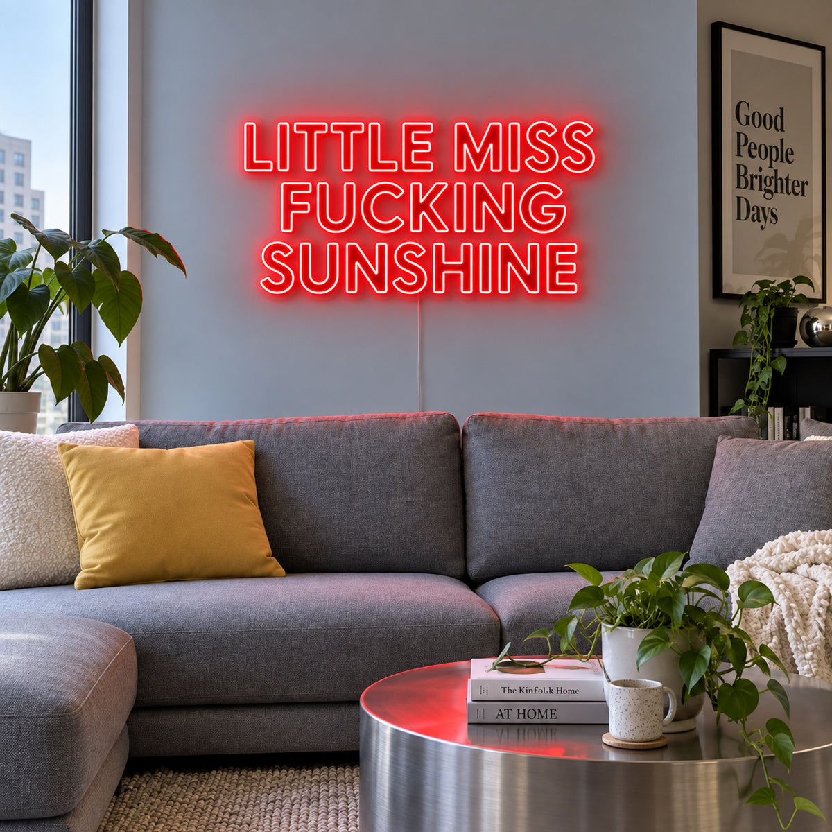 Little Miss Fucking Sunshine Neon Sign with red lighting, displayed above a grey sofa with yellow cushions.