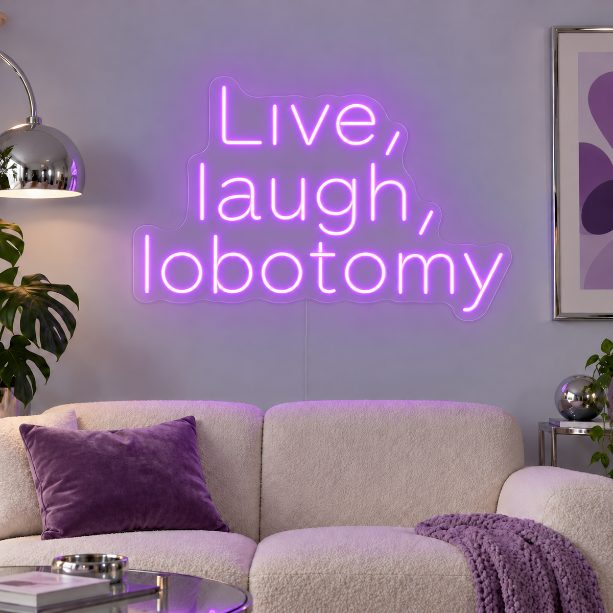 Live, Laugh, Lobotomy Neon Sign in purple above a cream sofa with purple cushions.