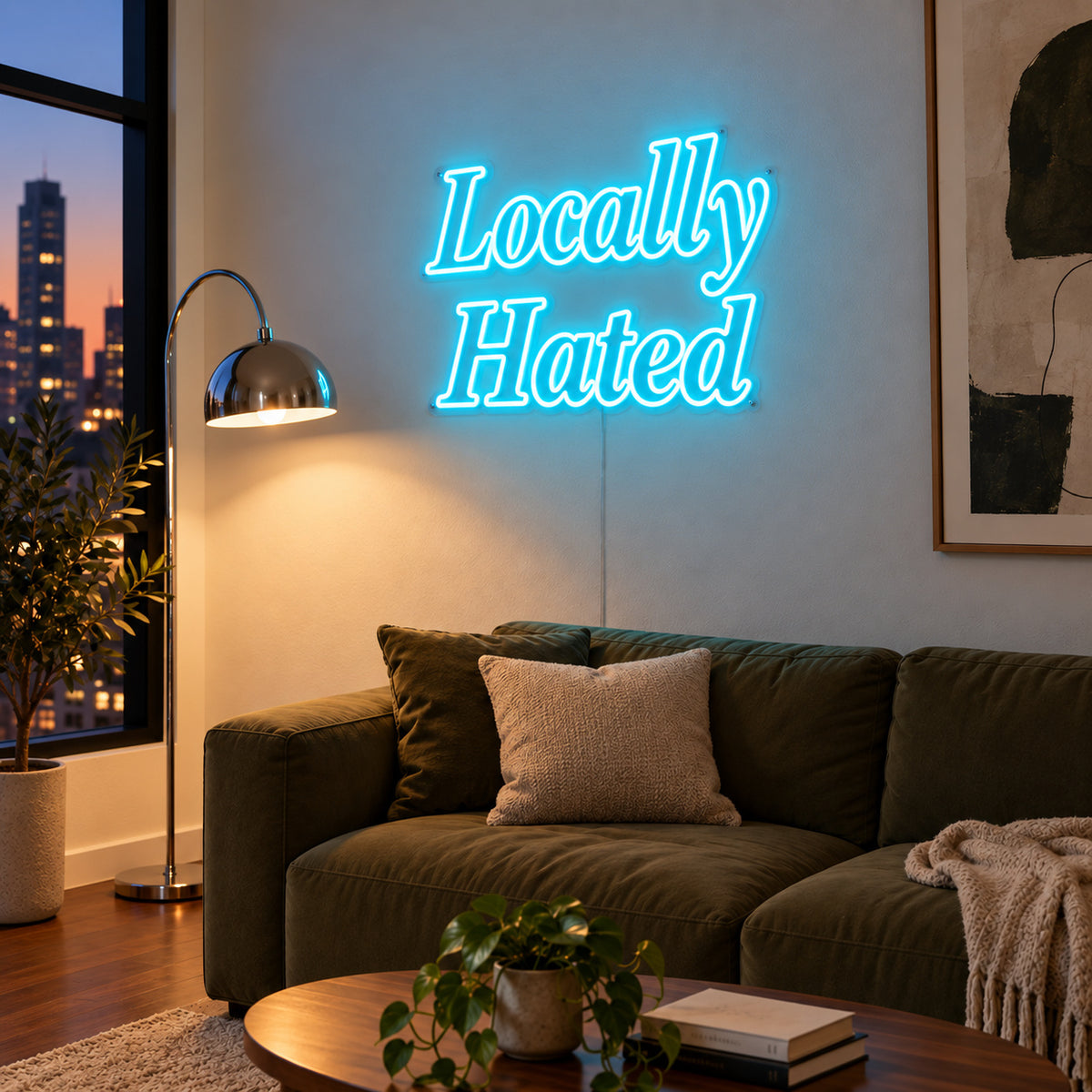 Ice Blue version of the Locally Hated Neon Sign, shown above a green sofa.