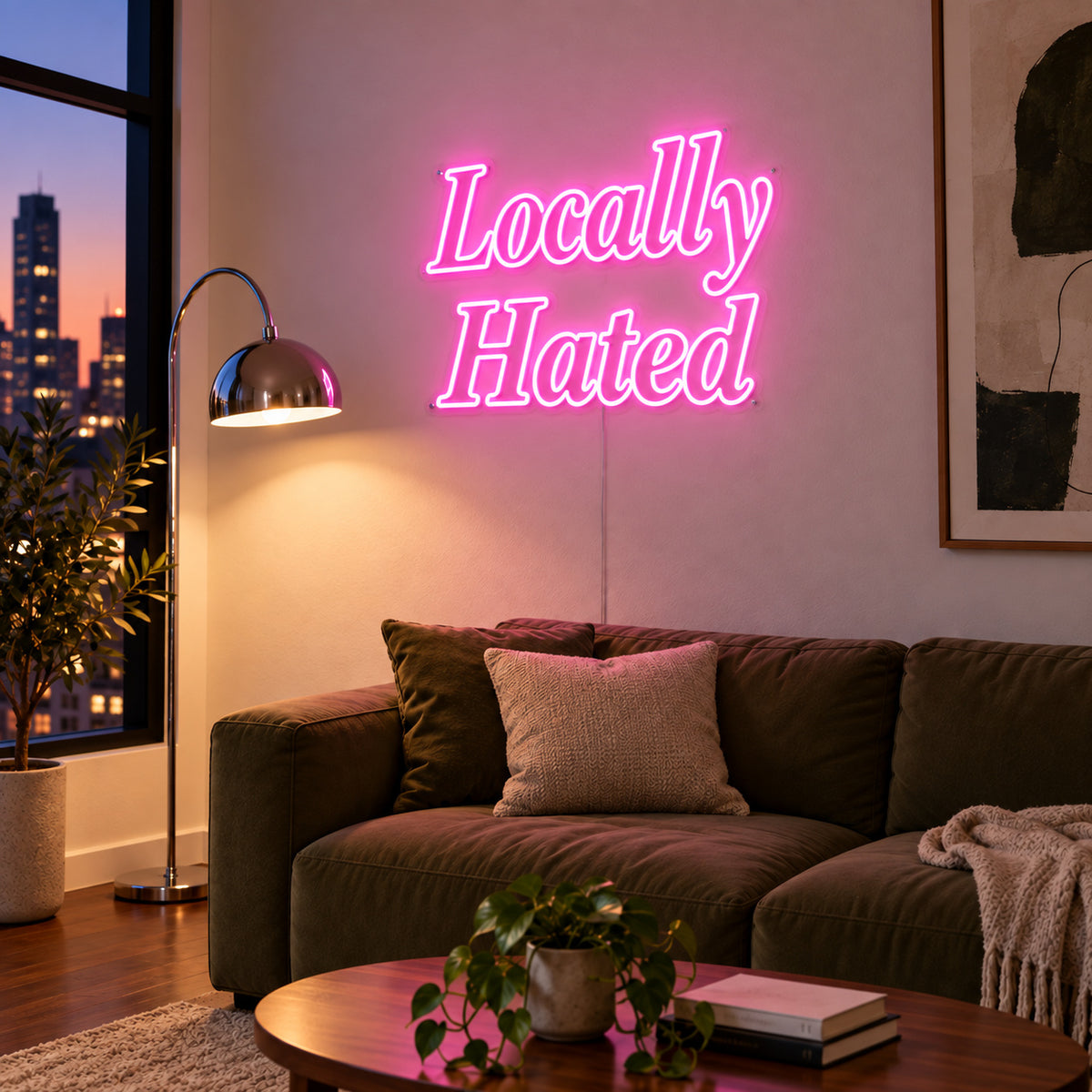 Locally Hated Neon Sign glowing pink above a green sofa.