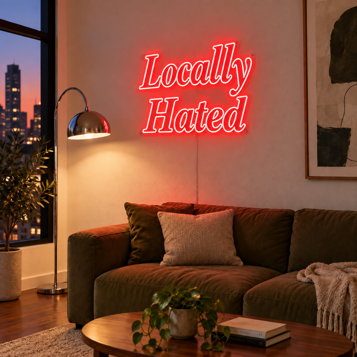 Locally Hated Neon Sign with red lighting, displayed above a green sofa.