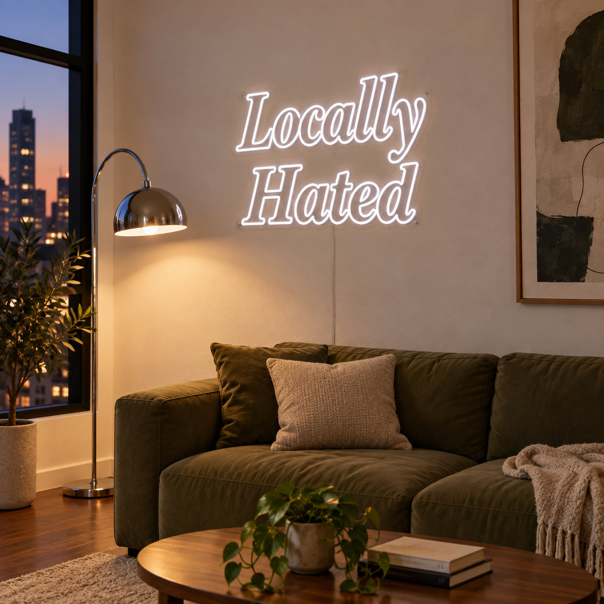 Locally Hated Neon Sign, RGB colour-changing option shown in white above a green sofa.