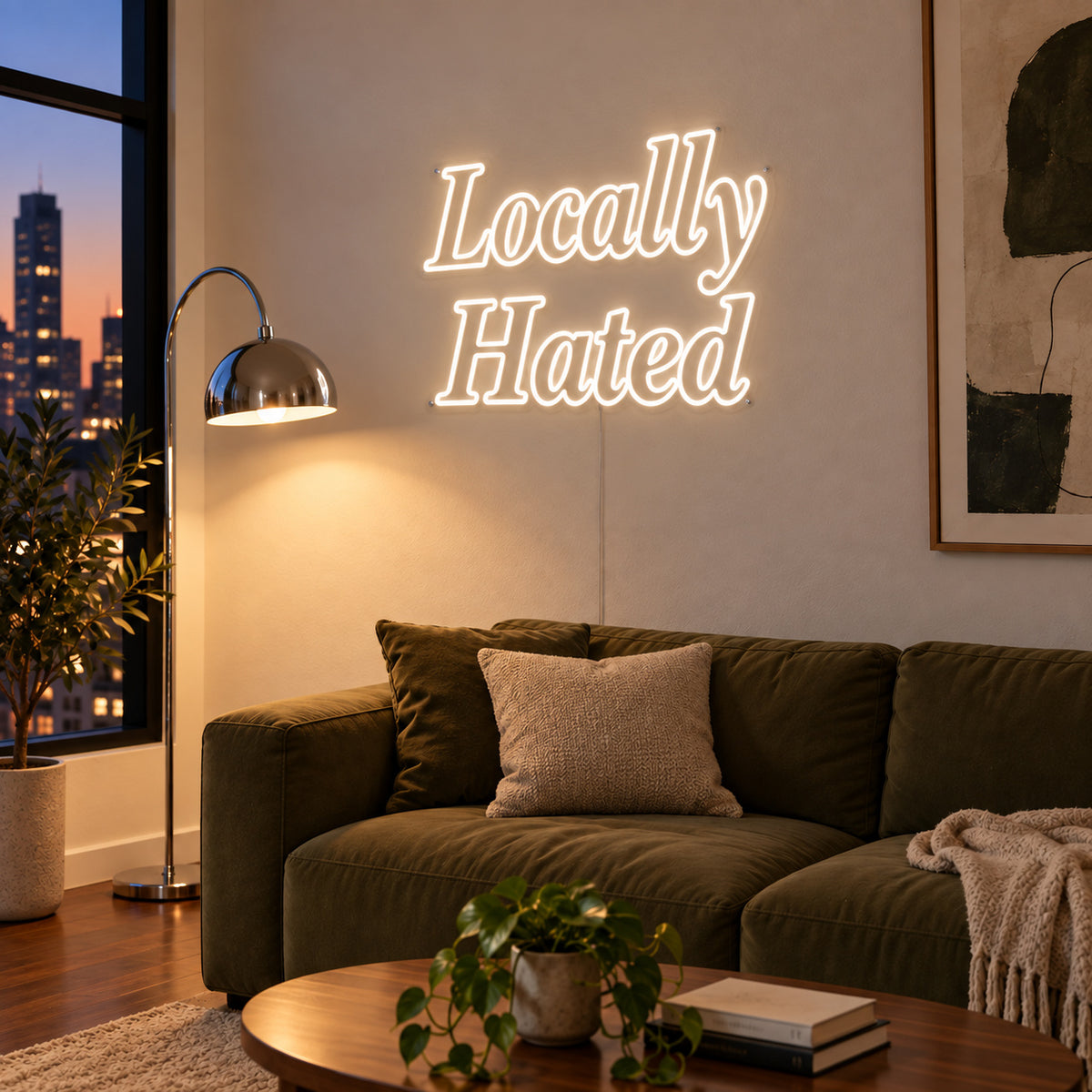 Warm White version of the Locally Hated Neon Sign, shown above a green sofa.