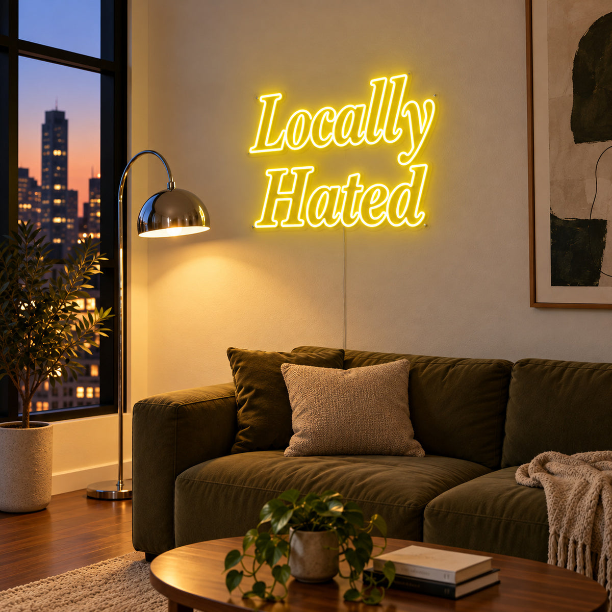 Locally Hated Neon Sign with yellow lighting, displayed above a green sofa.