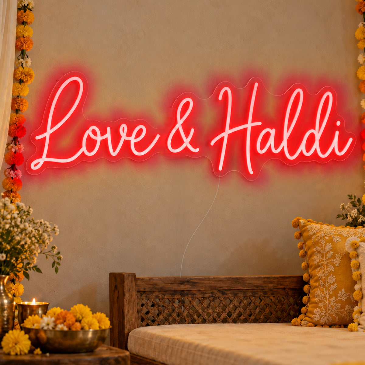 Love Haldi Neon Sign in red LED neon on clear acrylic, angled view