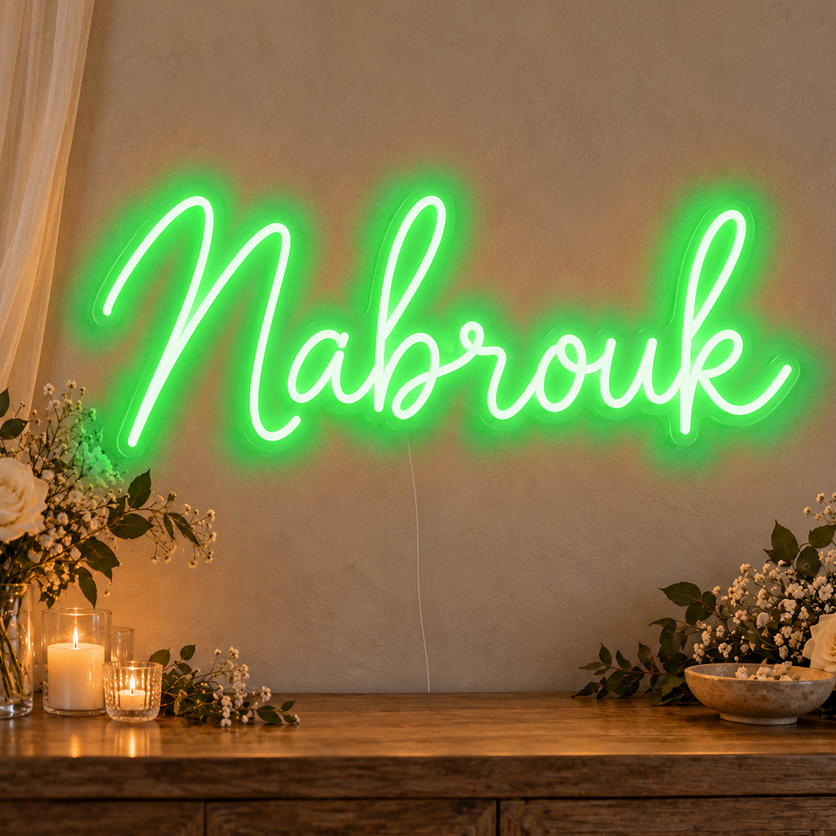 Mabrouk Neon Sign in green LED neon on clear acrylic, angled view