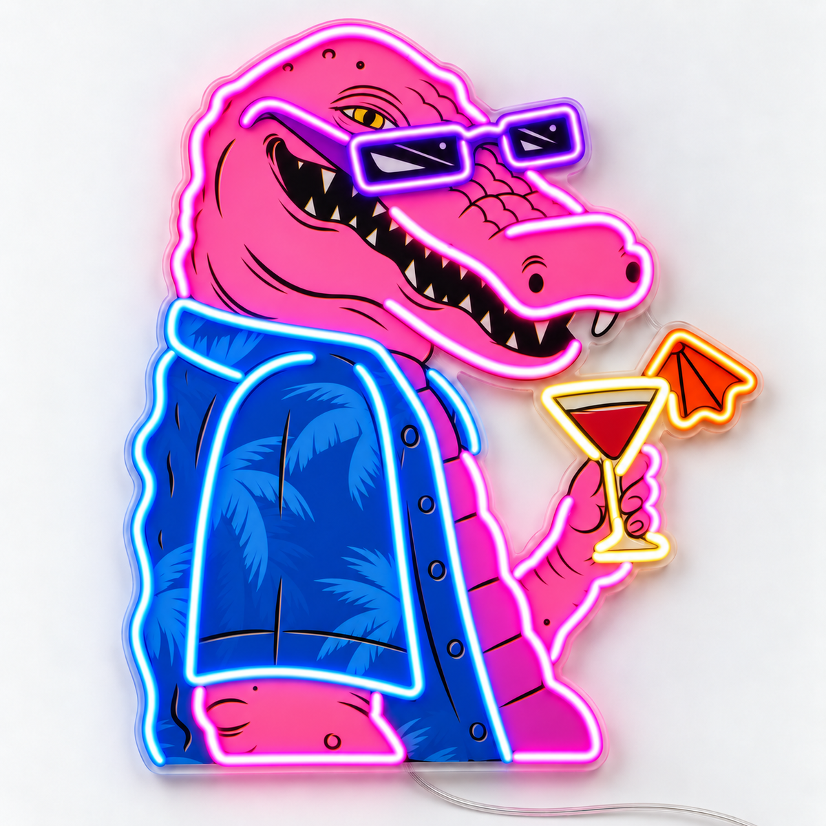 Macca the Gator GTA VI neon sign with a pink alligator, purple sunglasses, blue shirt and cocktail on clear cut-to-shape acrylic.