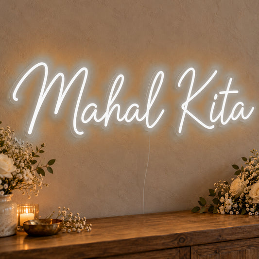 Mahal Kita Neon Sign in white LED neon on clear acrylic, angled view
